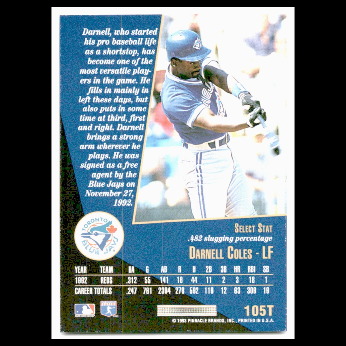 Darnell Coles #105T 1993 Select Rookie/Traded Toronto Blue Jays Baseball Card NM