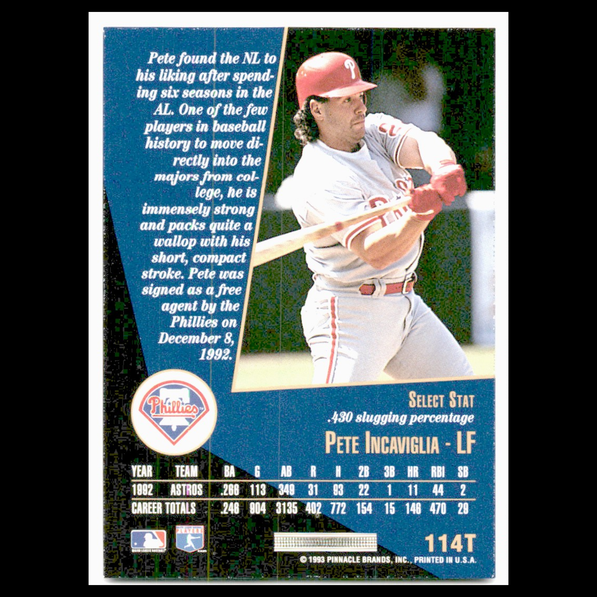 Pete Incaviglia #114T 1993 Select Rookie/Traded Philadelphia Phillies Baseball