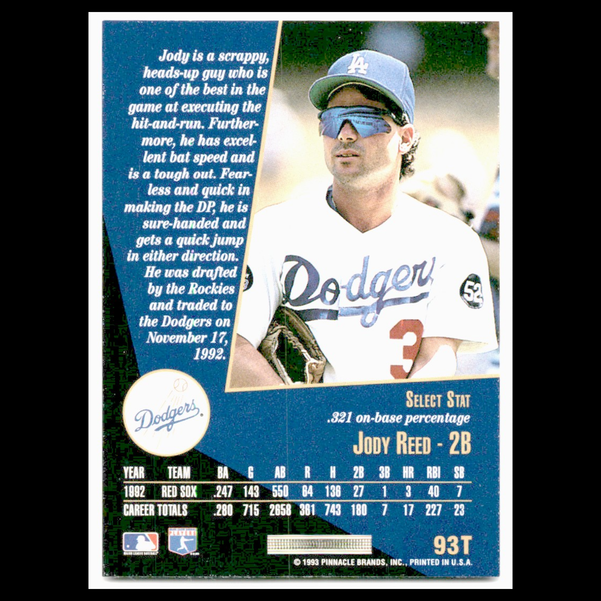 Jody Reed #93T 1993 Select Rookie/Traded Los Angeles Dodgers Baseball Card MLB