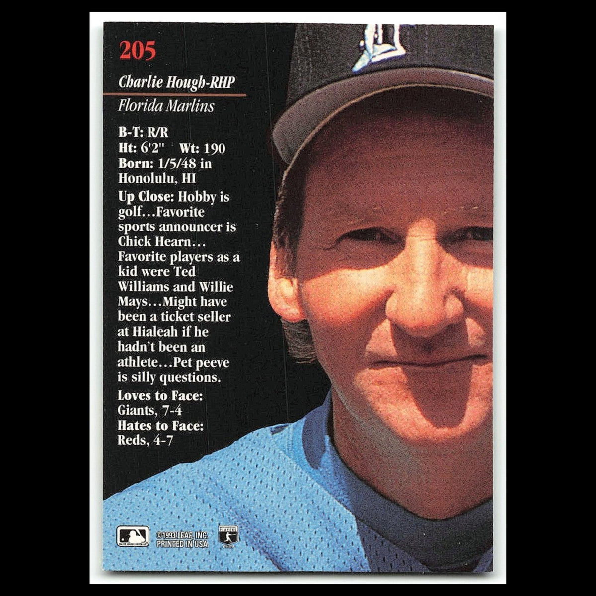 Charlie Hough #205 1993 Studio Florida Marlins Baseball Card MLB NM