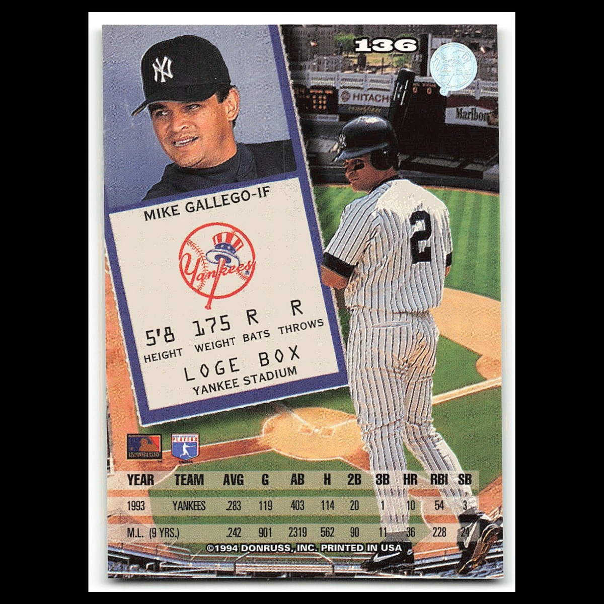 Mike Gallego #136 1994 Leaf New York Yankees Baseball Card MLB NM