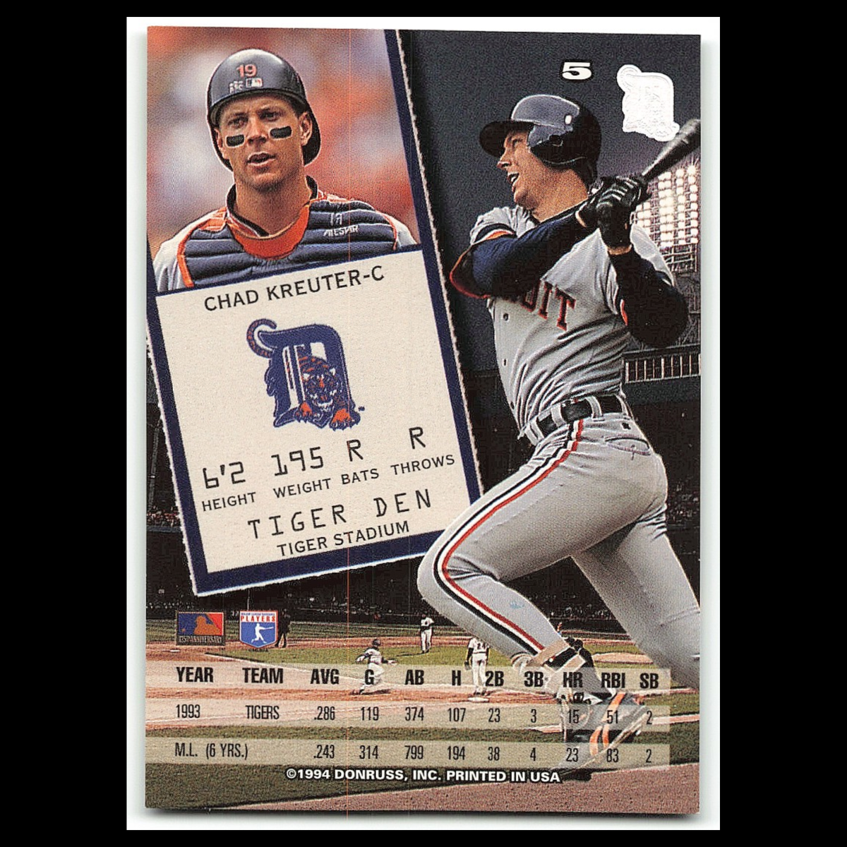 Chad Kreuter #5 1994 Leaf Detroit Tigers Baseball Card MLB NM