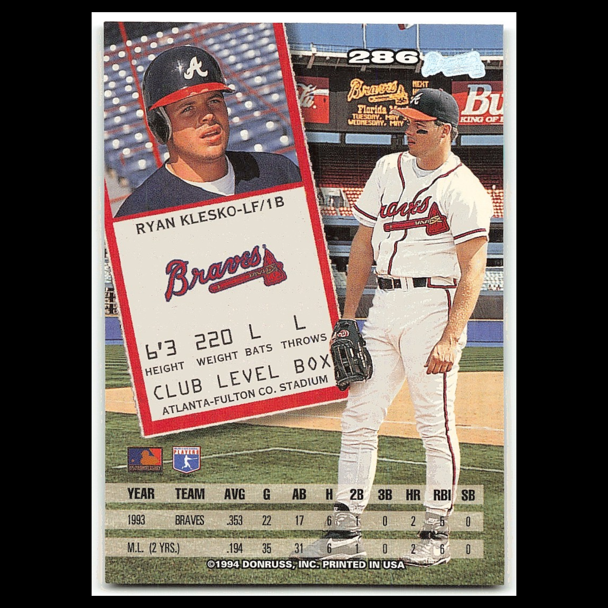 Ryan Klesko #286 1994 Leaf Atlanta Braves Baseball Card MLB NM