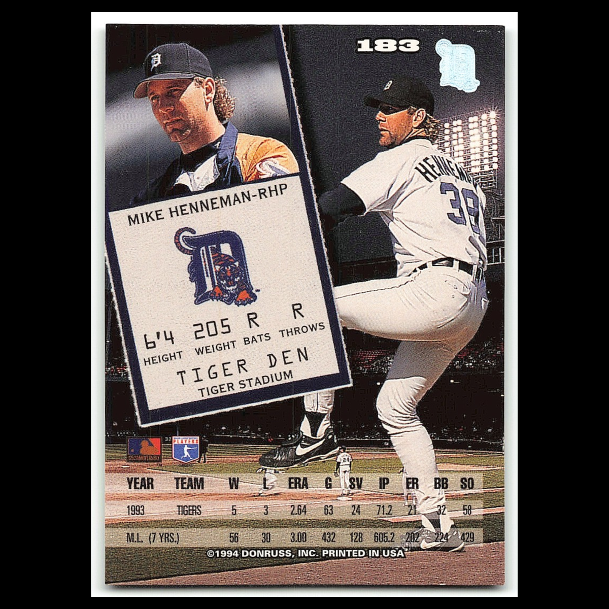 Mike Henneman #183 1994 Leaf Detroit Tigers Baseball Card MLB NM