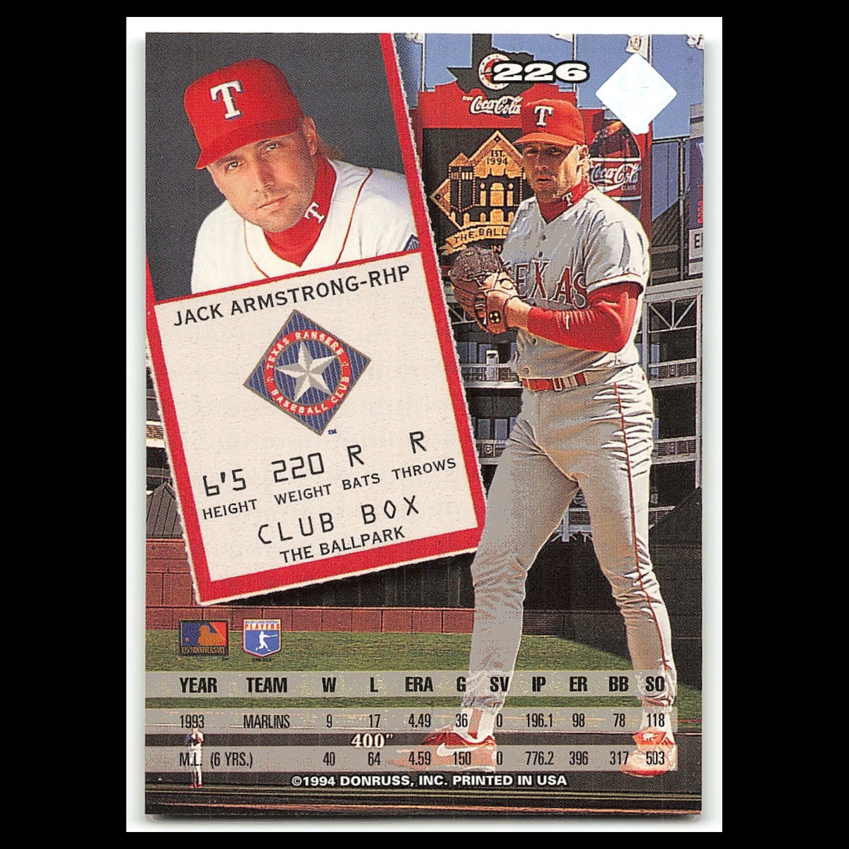Jack Armstrong #226 1994 Leaf Texas Rangers Baseball Card MLB NM