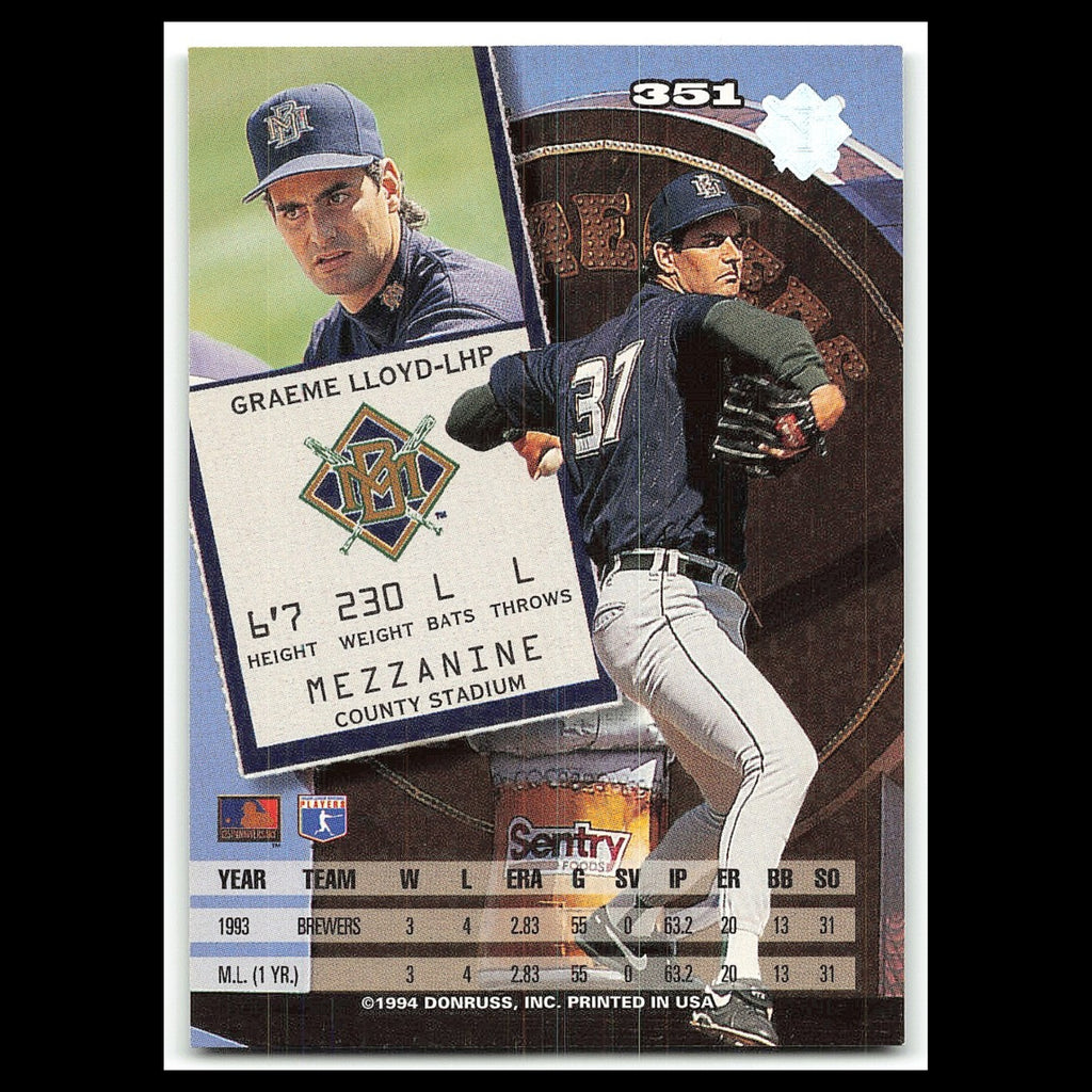 Graeme Lloyd #351 1994 Leaf Milwaukee Brewers Baseball Card MLB NM