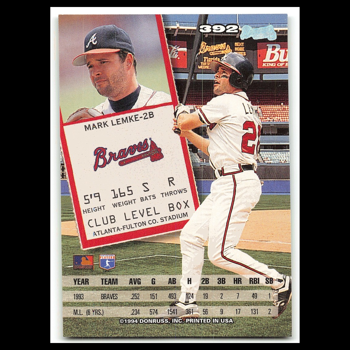 Mark Lemke #392 1994 Leaf Atlanta Braves Baseball Card MLB NM