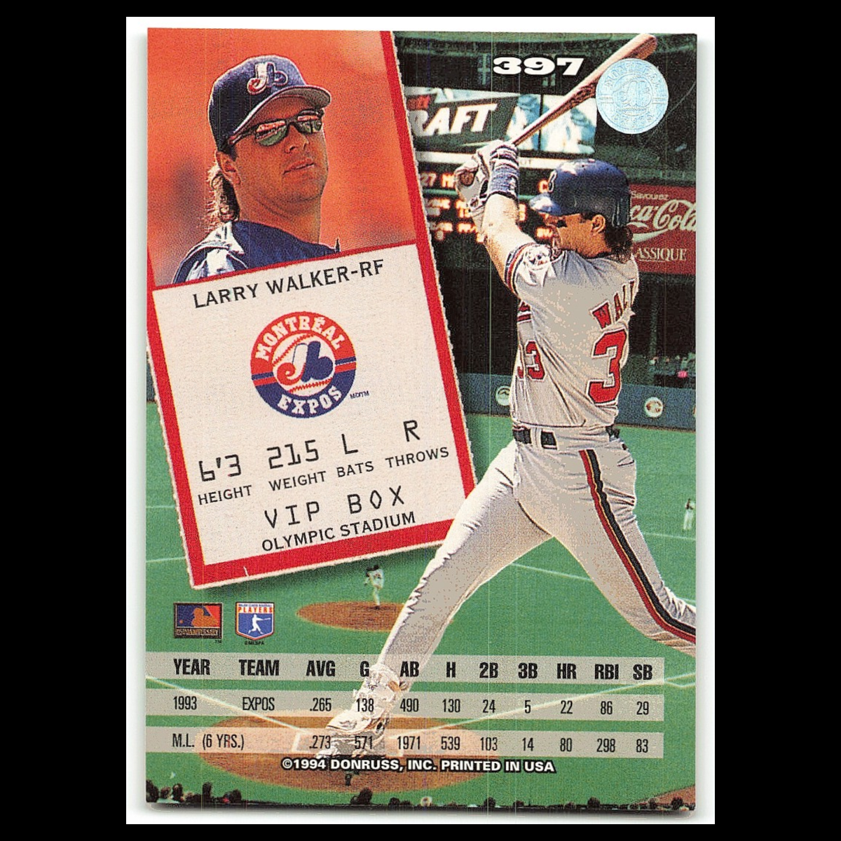 Larry Walker #397 1994 Leaf Montreal Expos Baseball Card MLB NM