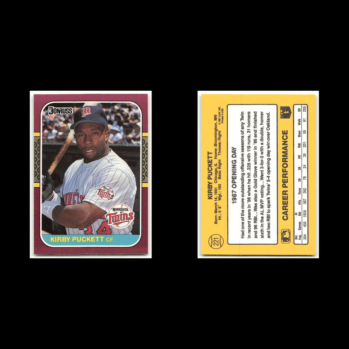 Kirby Puckett #221 1987 Donruss Opening Day Minnesota Twins Baseball Card MLB NM