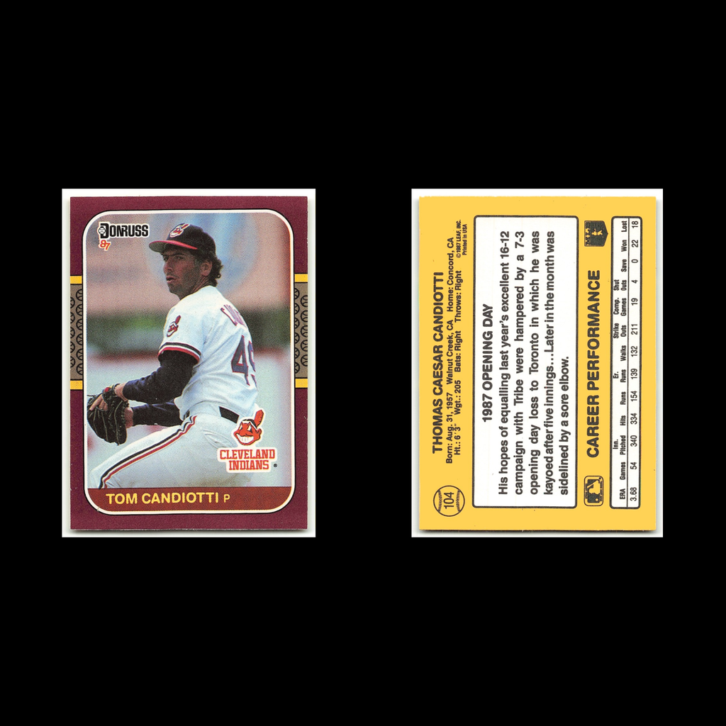 Tom Candiotti #104 1987 Donruss Opening Day Cleveland Indians Baseball Card MLB