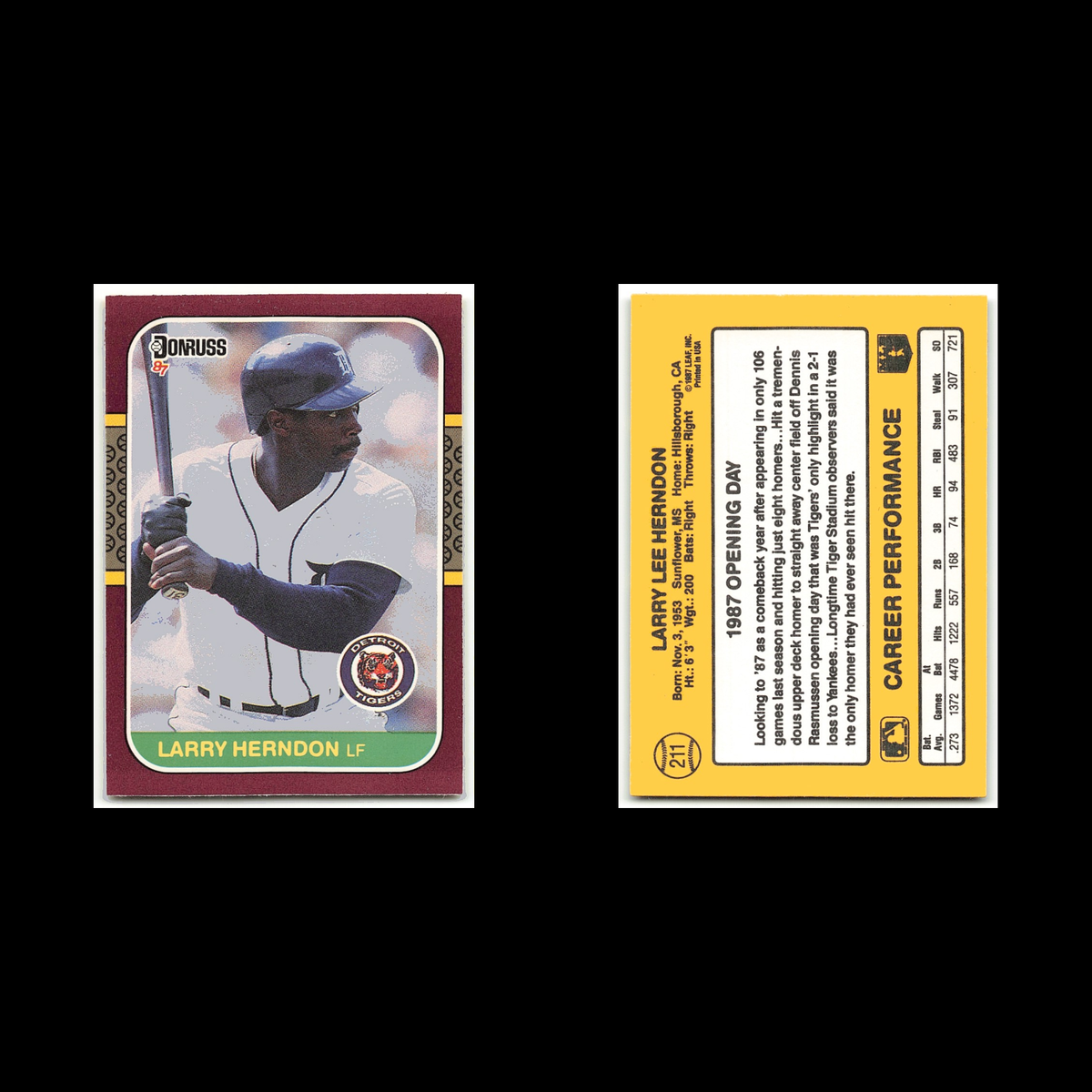 Larry Herndon #211 1987 Donruss Opening Day Detroit Tigers Baseball Card MLB NM