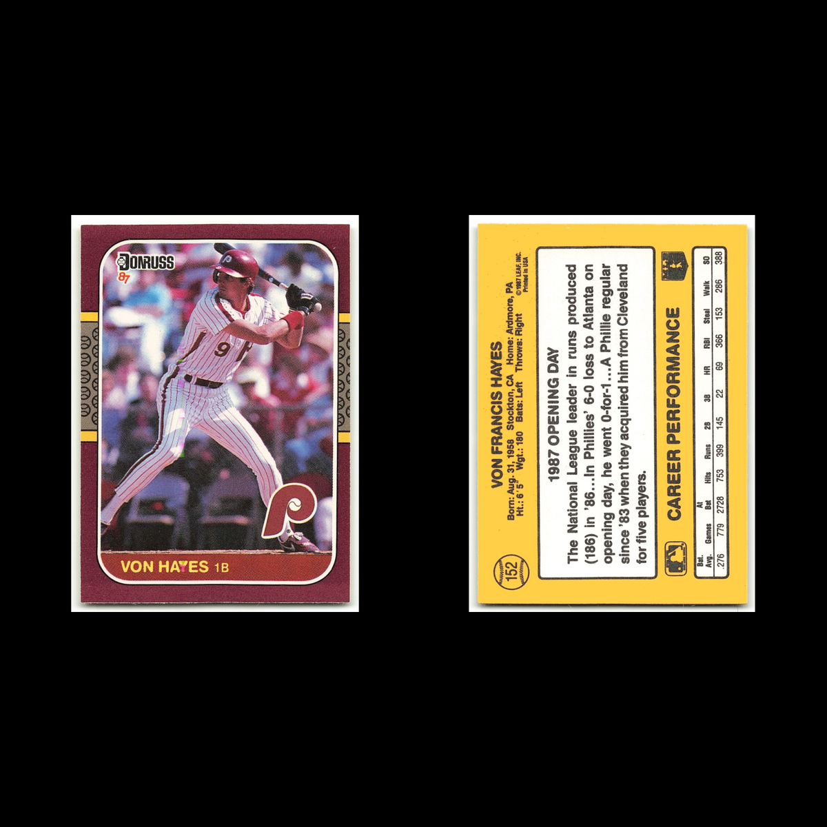 Von Hayes #152 1987 Donruss Opening Day Philadelphia Phillies Baseball Card MLB