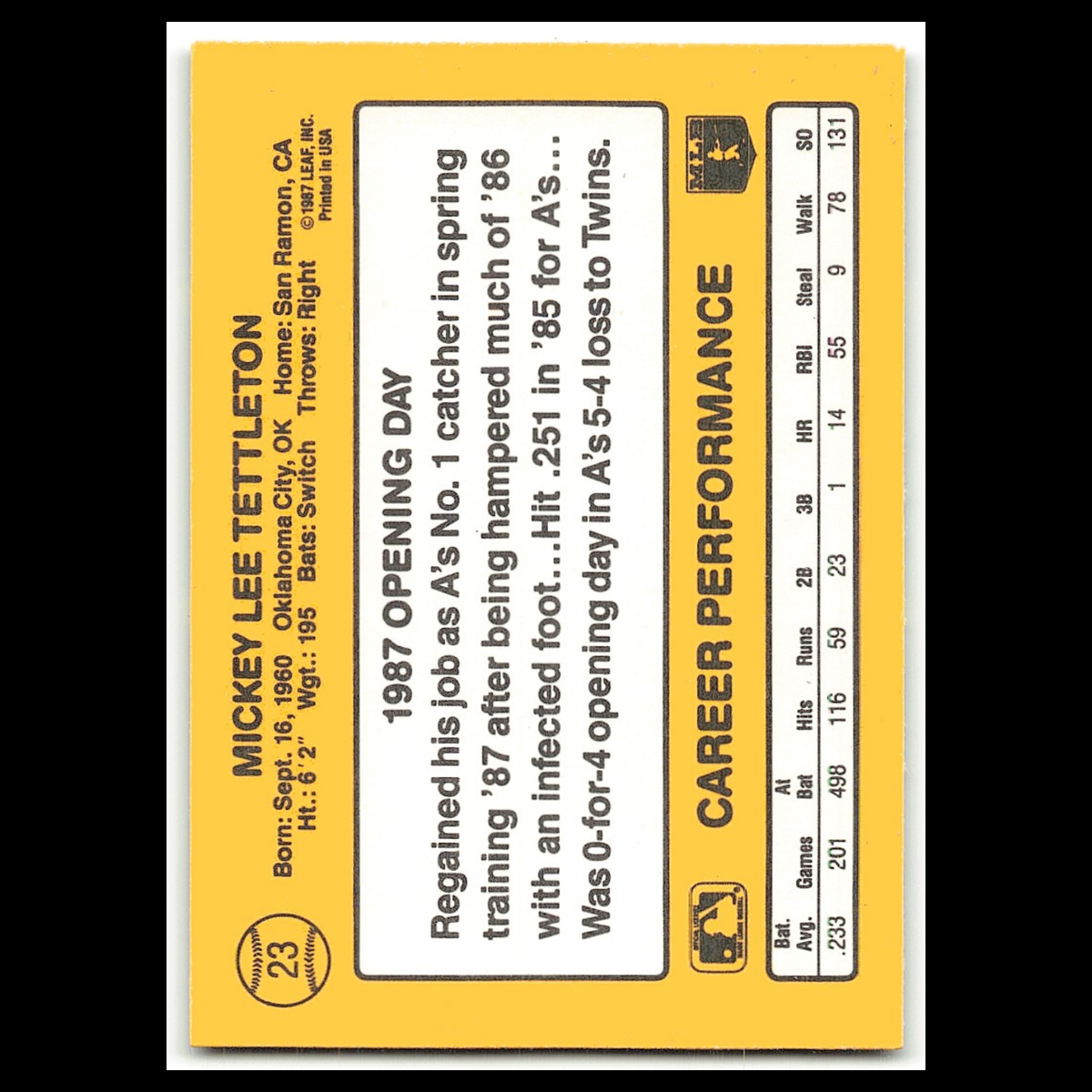 Mickey Tettleton #23 1987 Donruss Opening Day Oakland Athletics Baseball Card NM