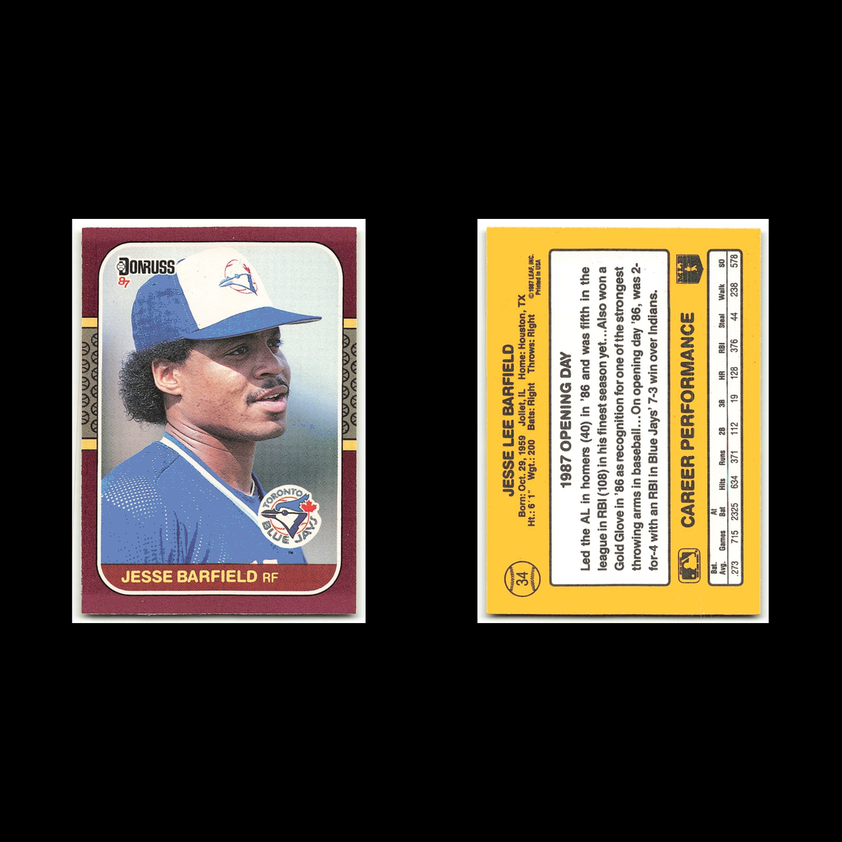 Jesse Barfield #34 1987 Donruss Opening Day Toronto Blue Jays Baseball Card MLB