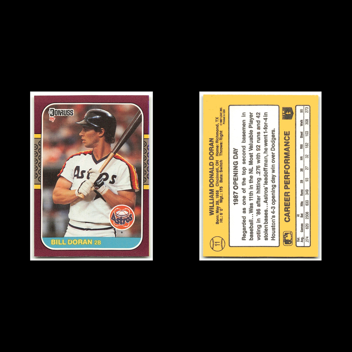 Bill Doran #11 1987 Donruss Opening Day Houston Astros Baseball Card MLB NM