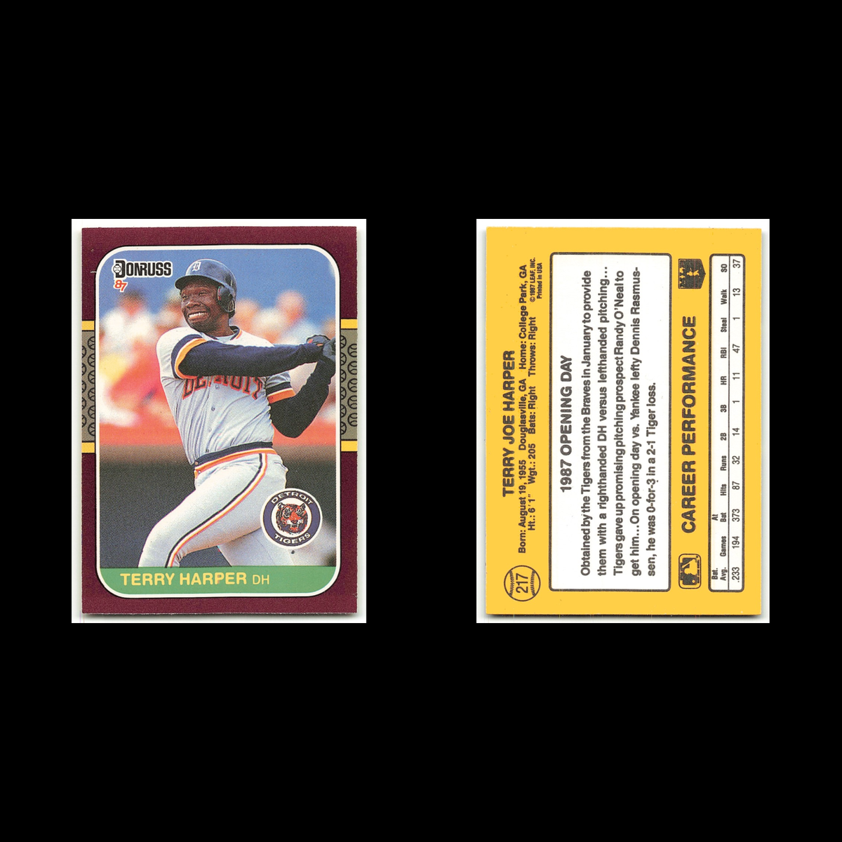 Terry Harper #217 1987 Donruss Opening Day Detroit Tigers Baseball Card MLB NM
