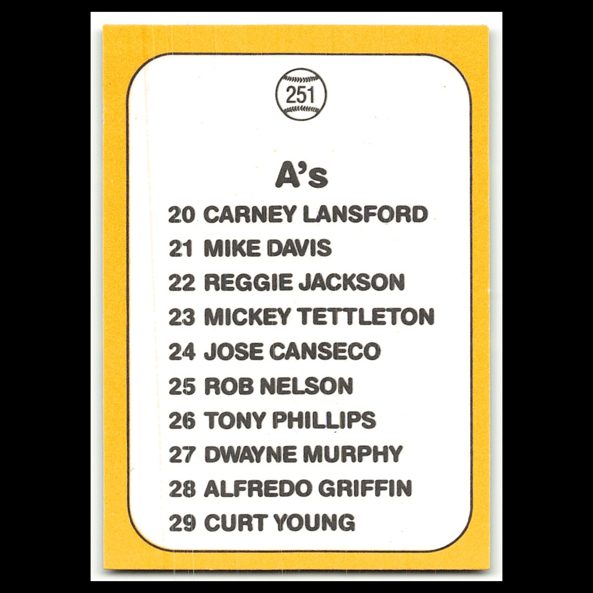 Team Card #251 1987 Donruss Opening Day Oakland As Baseball Card MLB NM