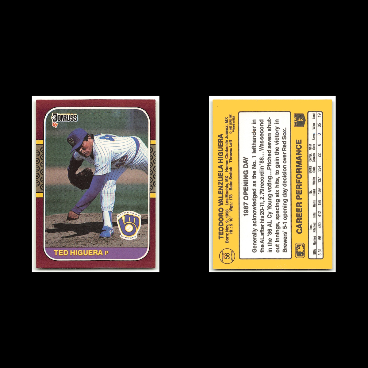 Ted Higuera #56 1987 Donruss Opening Day Milwaukee Brewers Baseball Card MLB NM