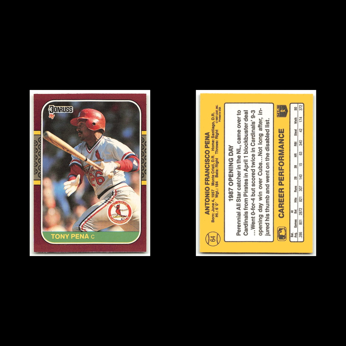Tony Pena #64 1987 Donruss Opening Day St. Louis Cardinals Baseball Card MLB NM