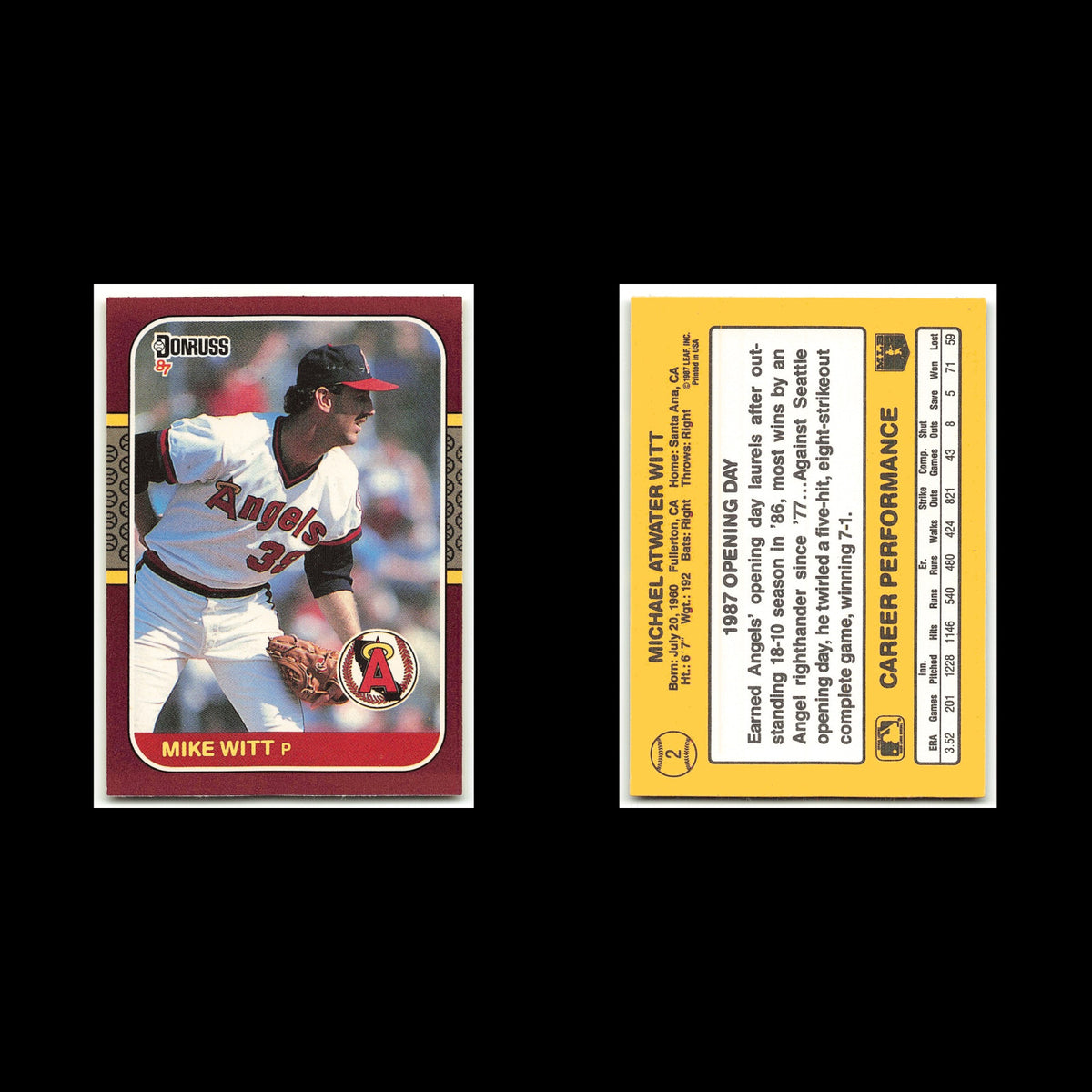 Mike Witt #2 1987 Donruss Opening Day California Angels Baseball Card MLB NM