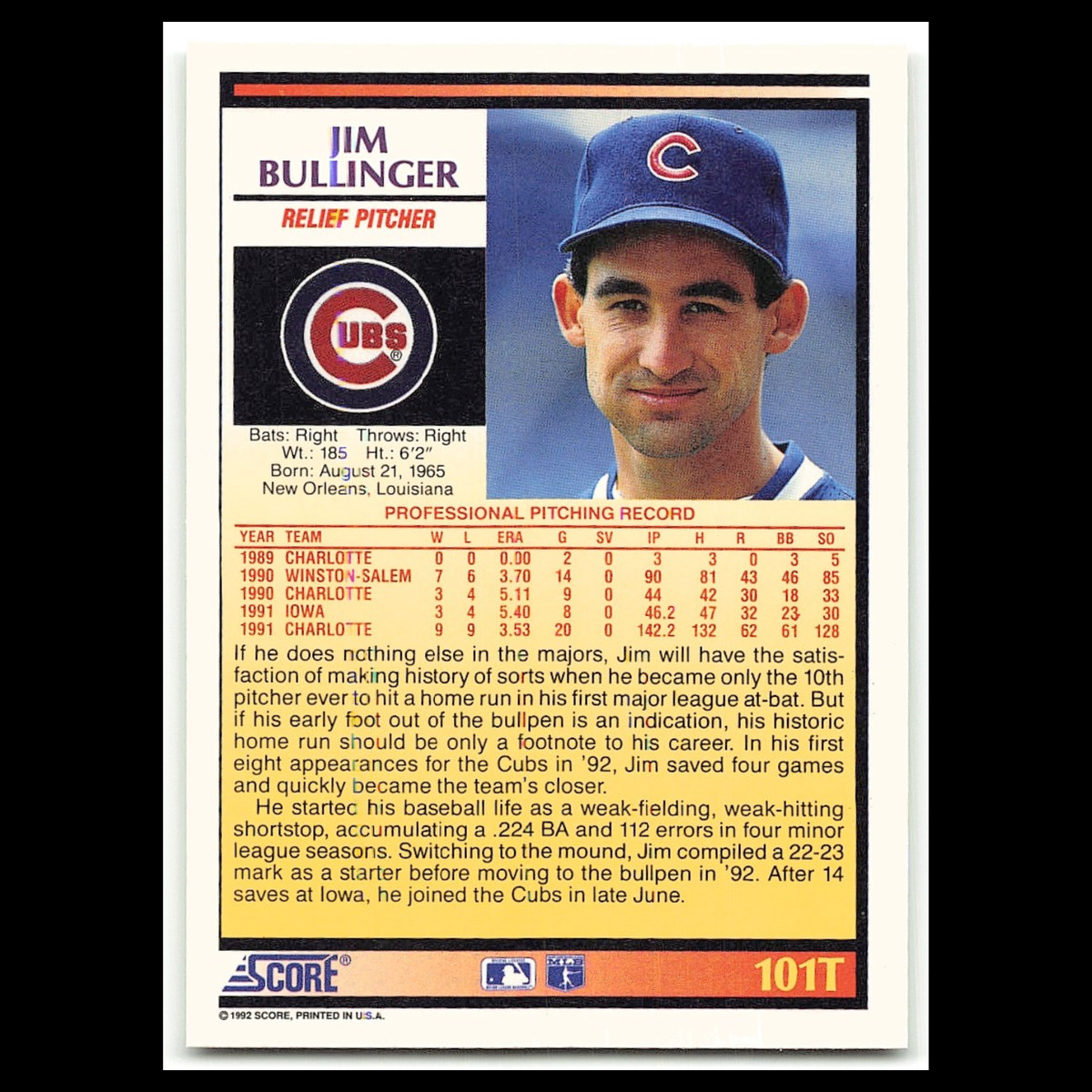 Jim Bullinger Rookie #101T 1992 Score Rookie - Traded Chicago Cubs Baseball Card