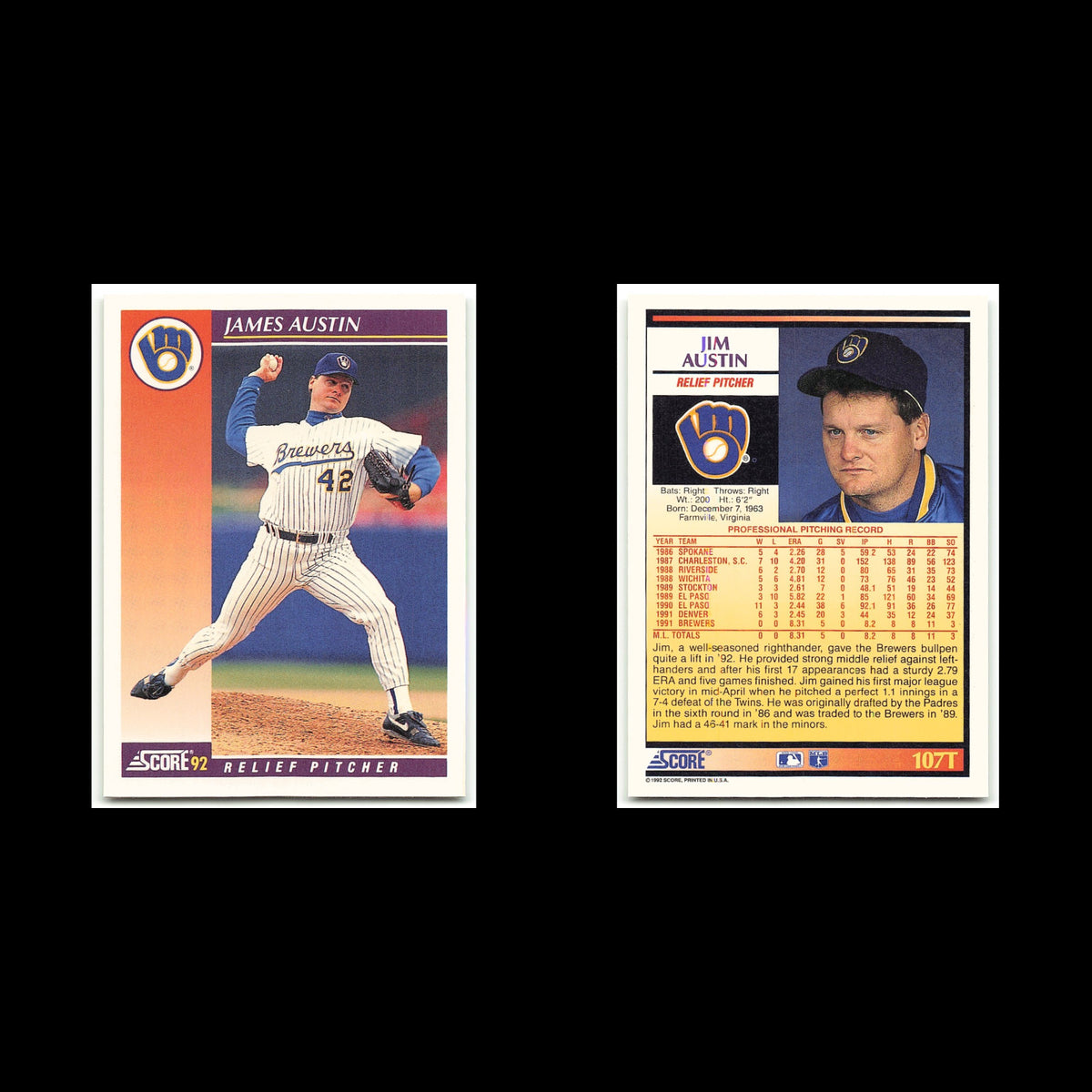 James Austin #107T 1992 Score Rookie - Traded Milwaukee Brewers Baseball Card NM
