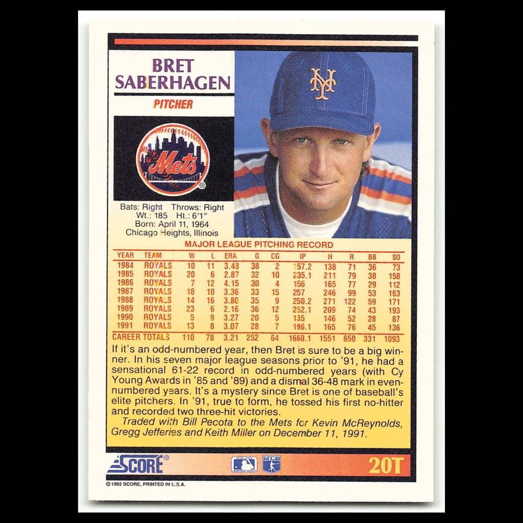 Bret Saberhagen #20T 1992 Score Rookie - Traded New York Mets Baseball Card MLB