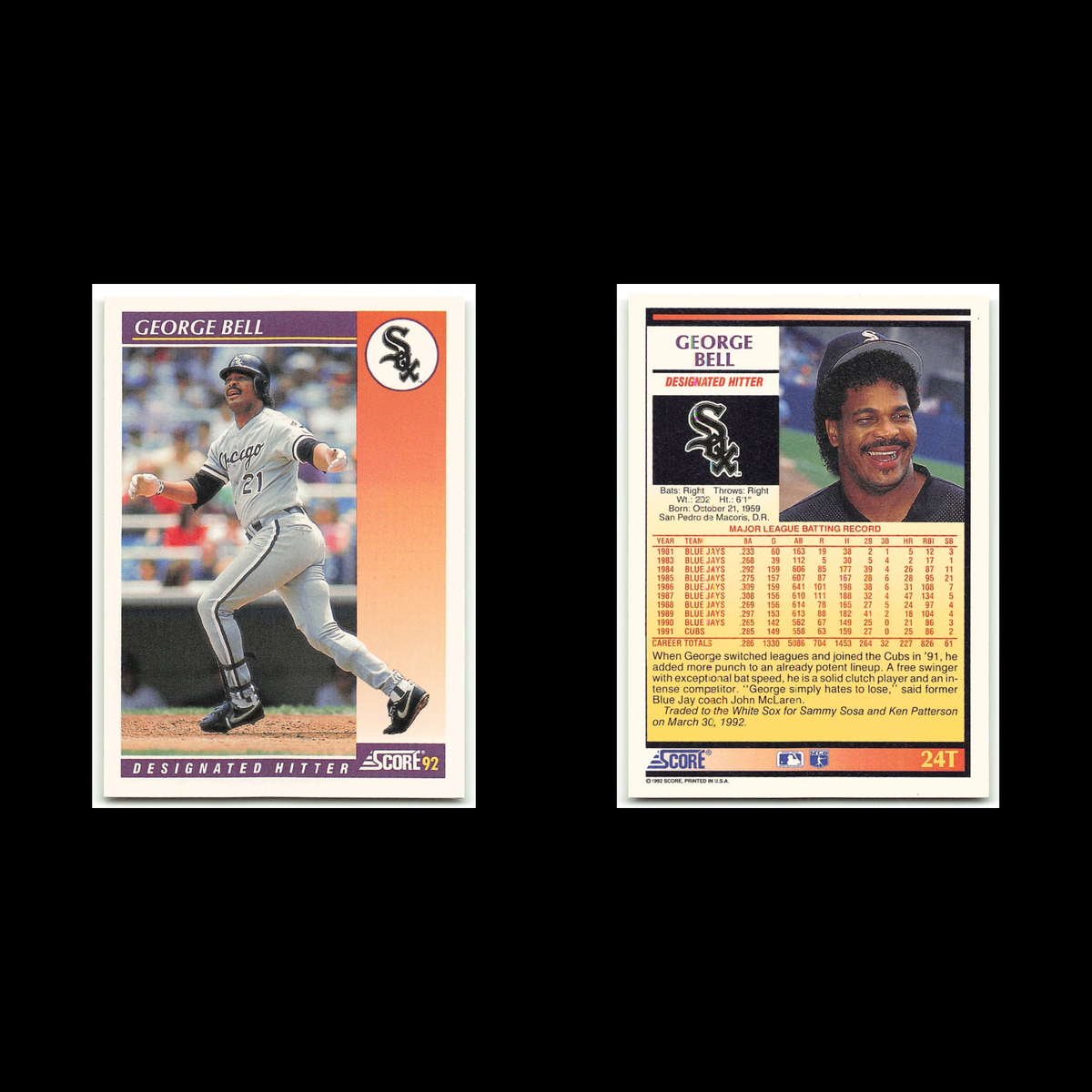George Bell #24T 1992 Score Rookie - Traded Chicago White Sox Baseball Card MLB