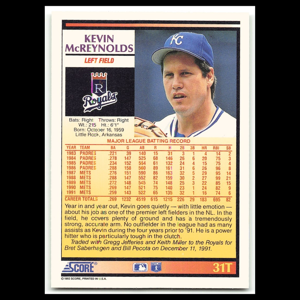 Kevin McReynolds #31T 1992 Score Rookie - Traded Kansas City Royals Baseball MLB