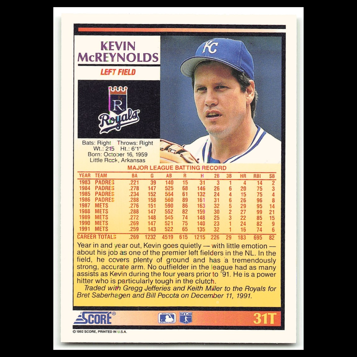 Kevin McReynolds #31T 1992 Score Rookie - Traded Kansas City Royals Baseball MLB