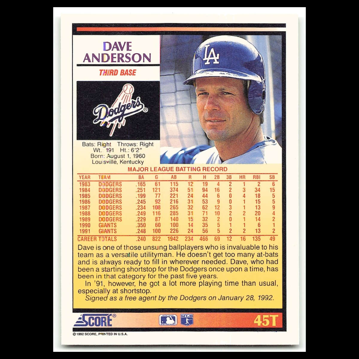 Dave Anderson #45T 1992 Score Rookie - Traded Los Angeles Dodgers Baseball Card