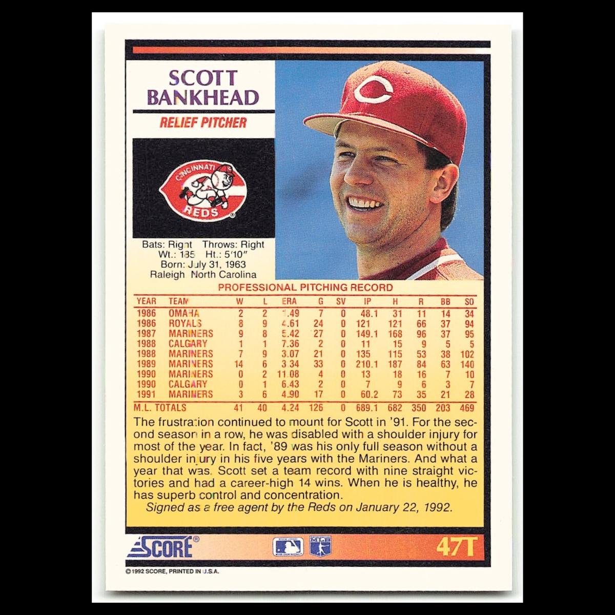 Scott Bankhead #47T 1992 Score Rookie - Traded Cincinnati Reds Baseball Card MLB