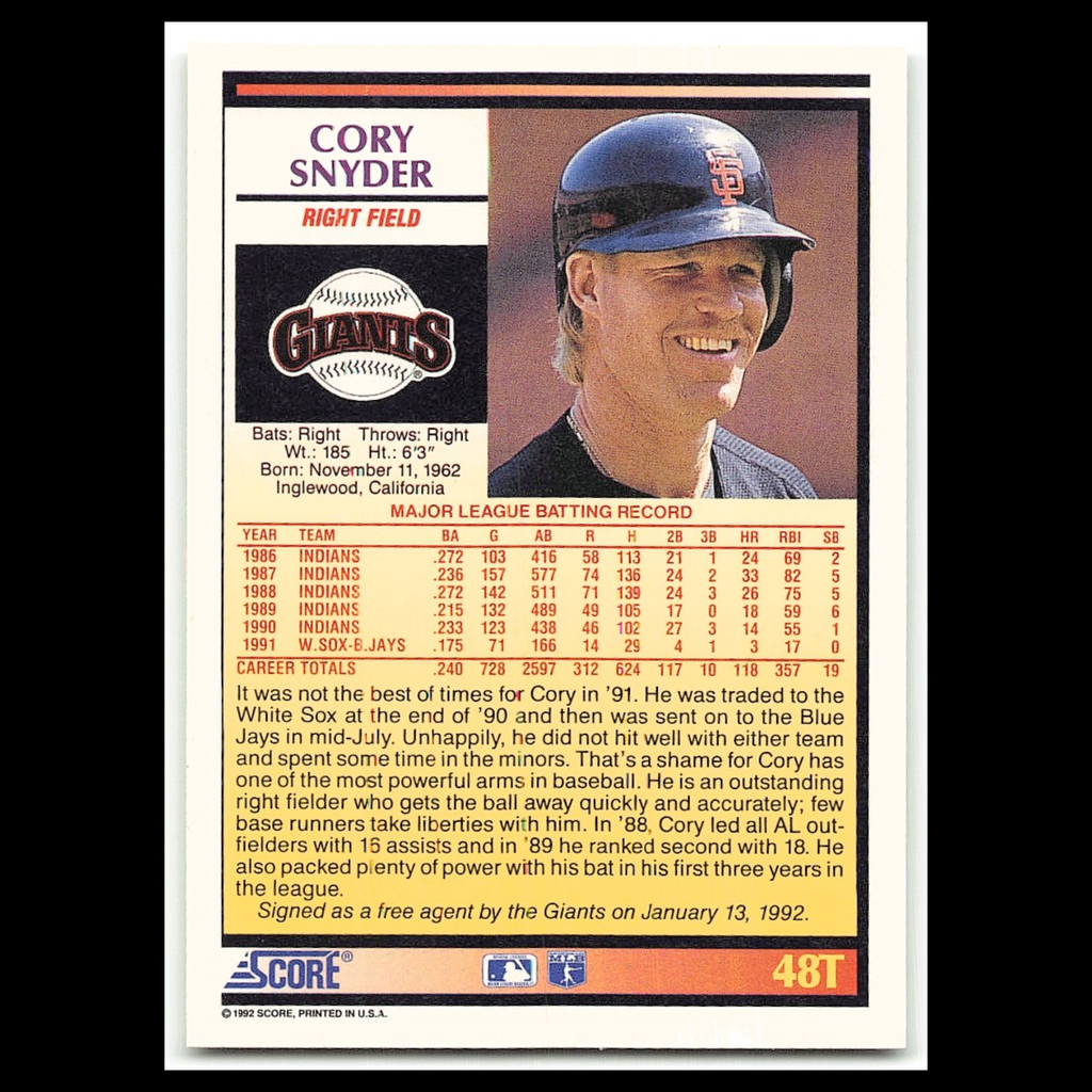 Cory Snyder #48T 1992 Score Rookie - Traded San Francisco Giants Baseball Card