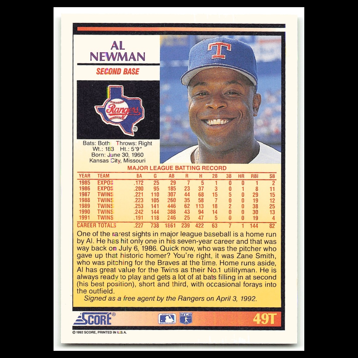 Al Newman #49T 1992 Score Rookie - Traded Texas Rangers Baseball Card MLB NM