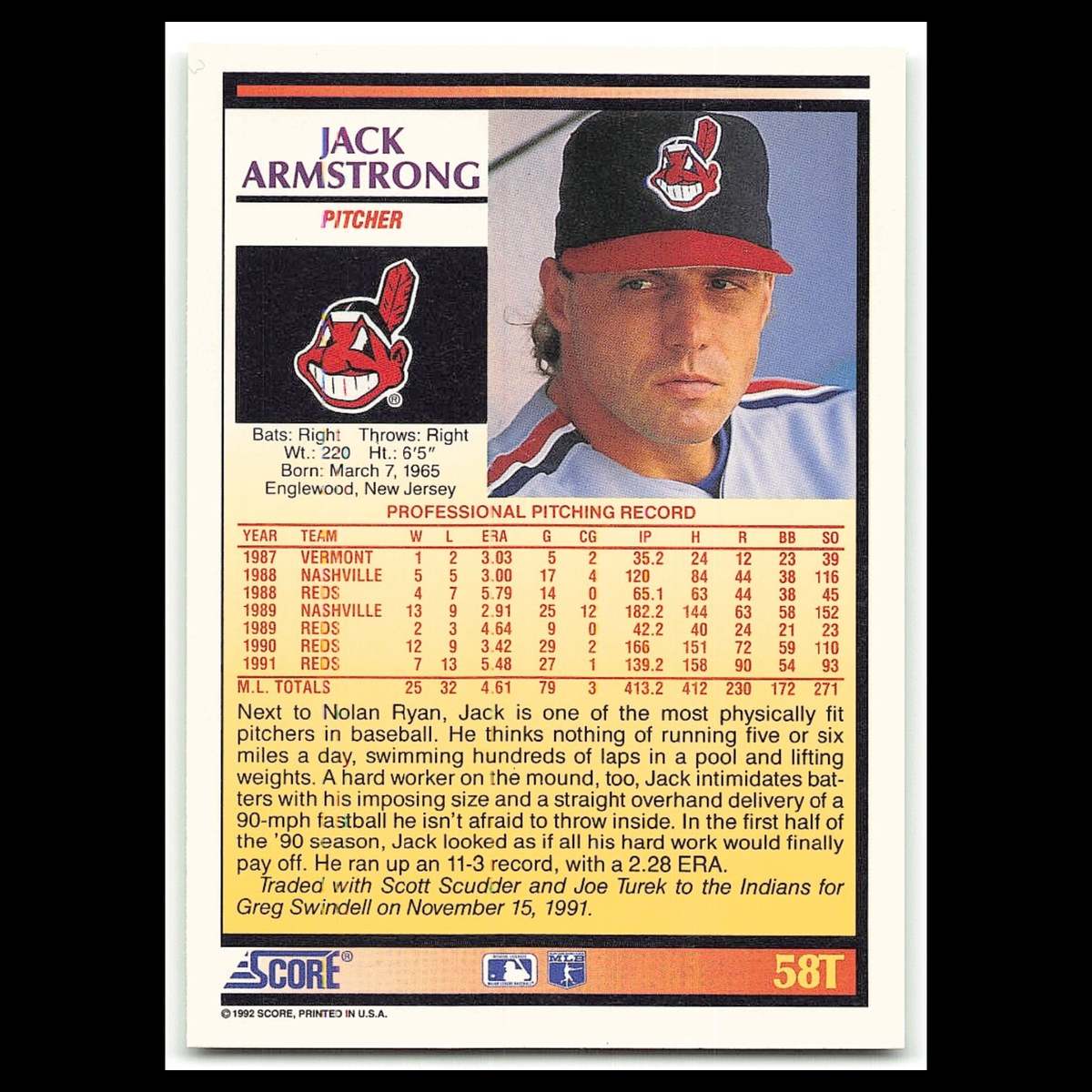 Jack Armstrong #58T 1992 Score Rookie - Traded Cleveland Indians Baseball Card