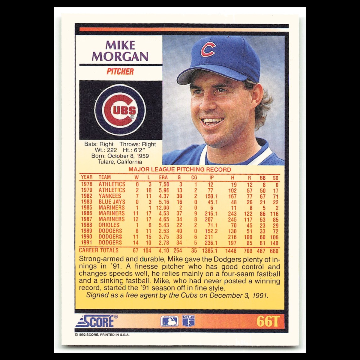 Mike Morgan #66T 1992 Score Rookie - Traded Chicago Cubs Baseball Card MLB NM