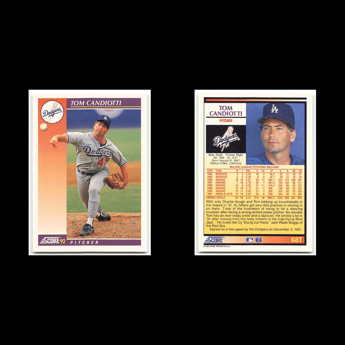 Tom Candiotti #68T 1992 Score Rookie - Traded Los Angeles Dodgers Baseball Card