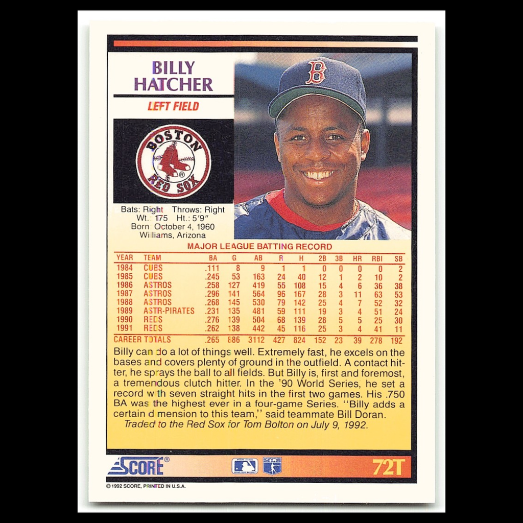 Billy Hatcher #72T 1992 Score Rookie - Traded Boston Red Sox Baseball Card MLB
