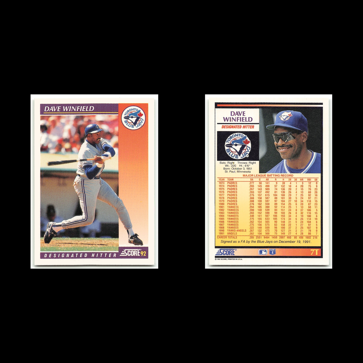 Dave Winfield #7T 1992 Score Rookie - Traded Toronto Blue Jays Baseball Card MLB