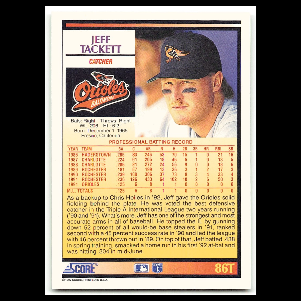 Jeff Tackett #86T 1992 Score Rookie - Traded Baltimore Orioles Baseball Card MLB