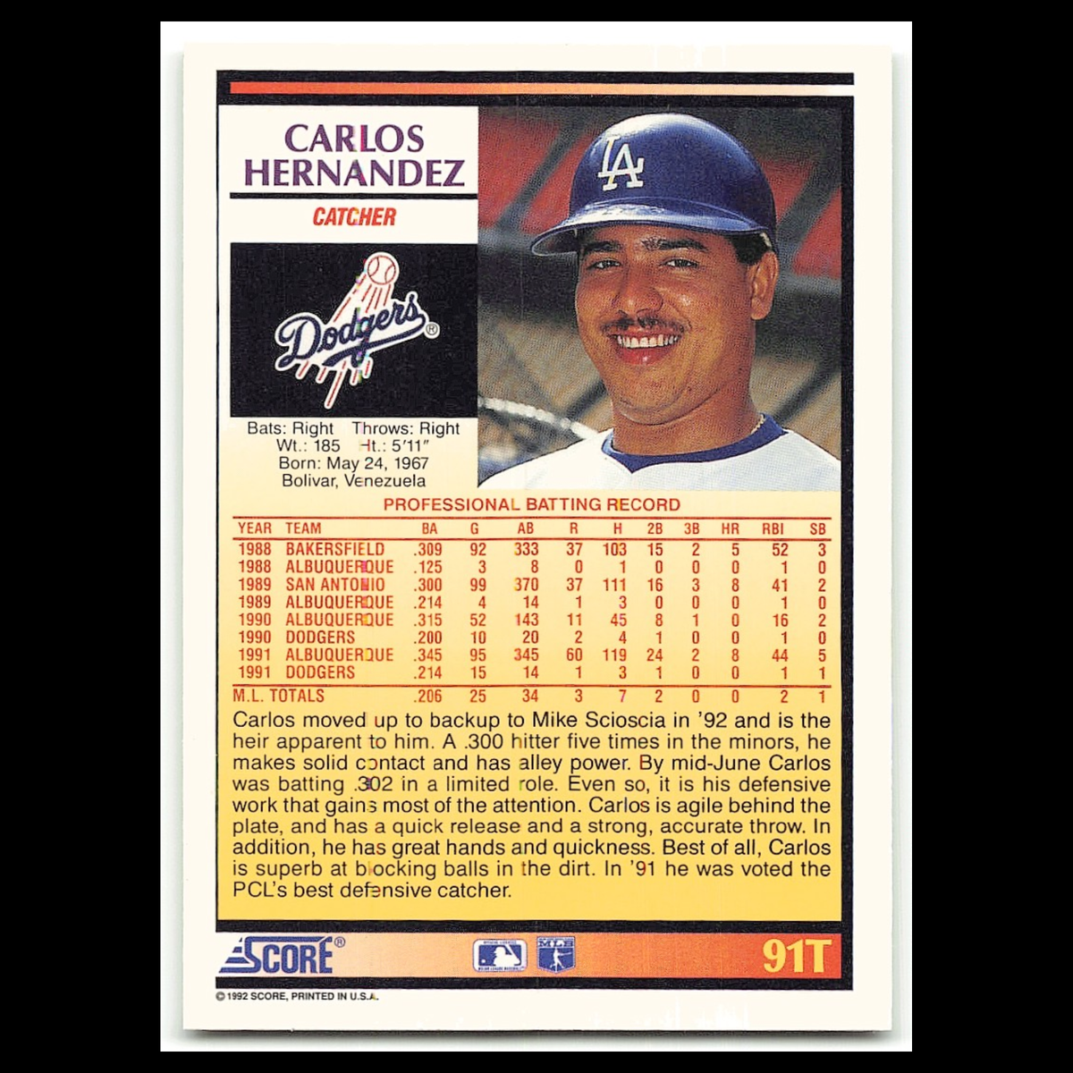 Carlos Hernandez #91T 1992 Score Rookie - Traded Los Angeles Dodgers Baseball NM