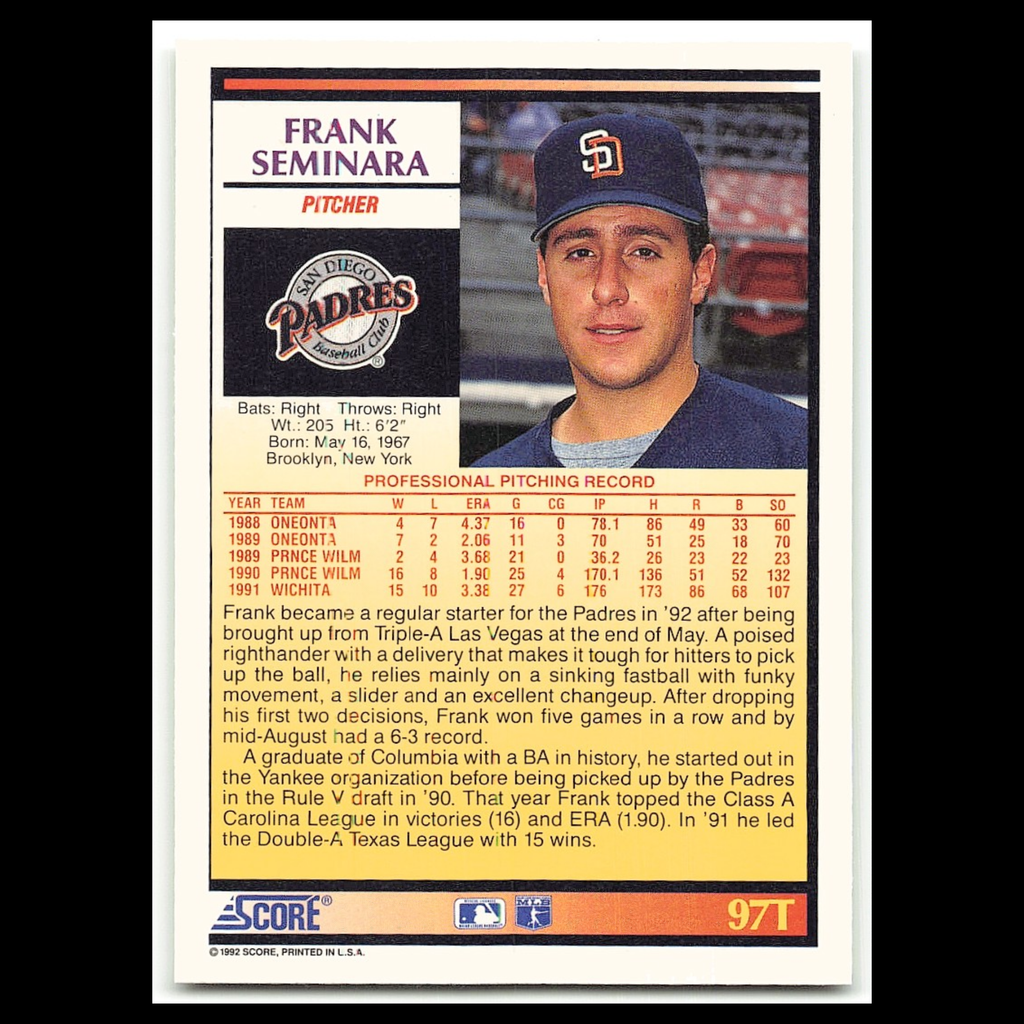 Frank Seminara Rookie #97T 1992 Score Rookie - Traded San Diego Padres Baseball