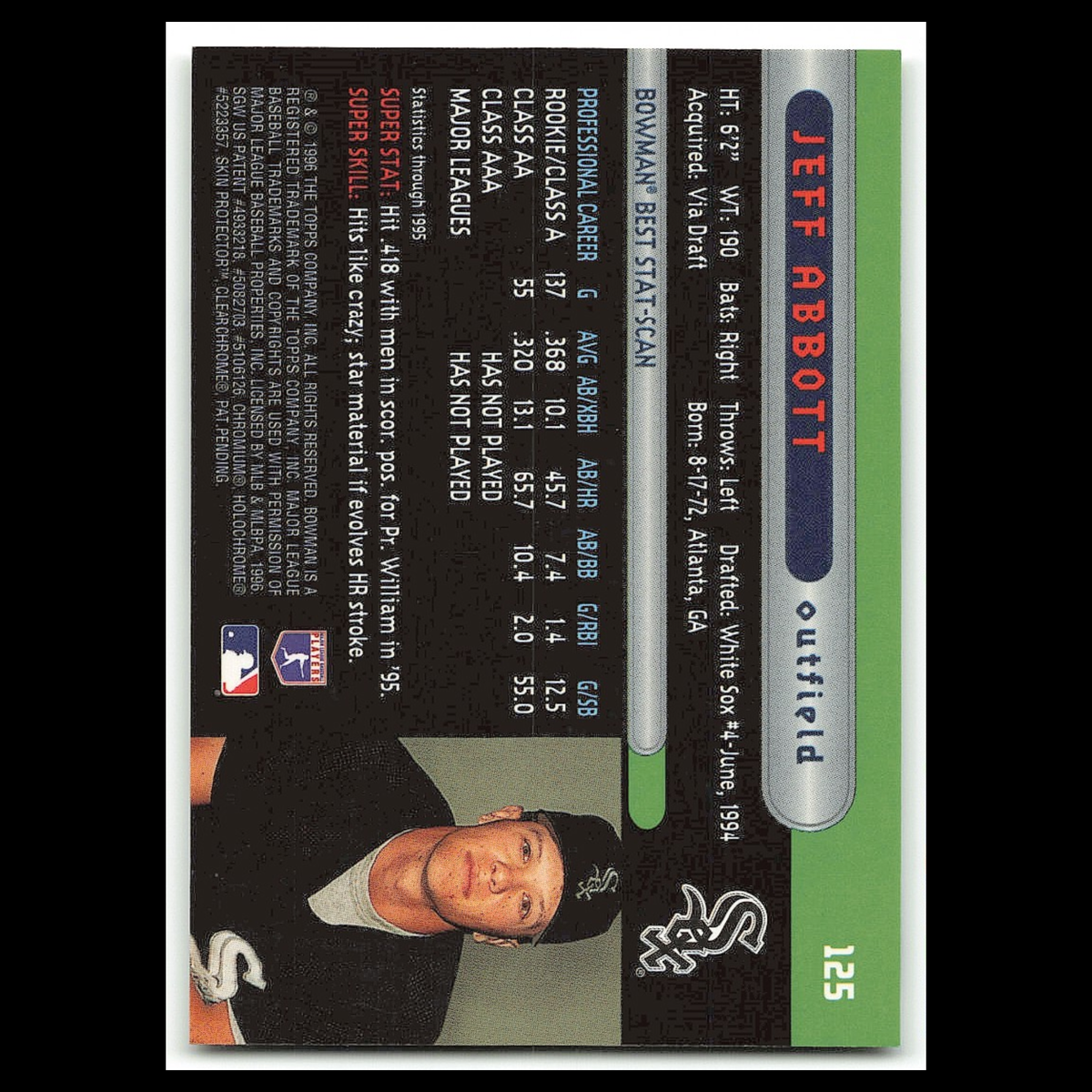 Jeff Abbott Rookie #125 1996 Bowmans Best Chicago White Sox Baseball Card MLB NM
