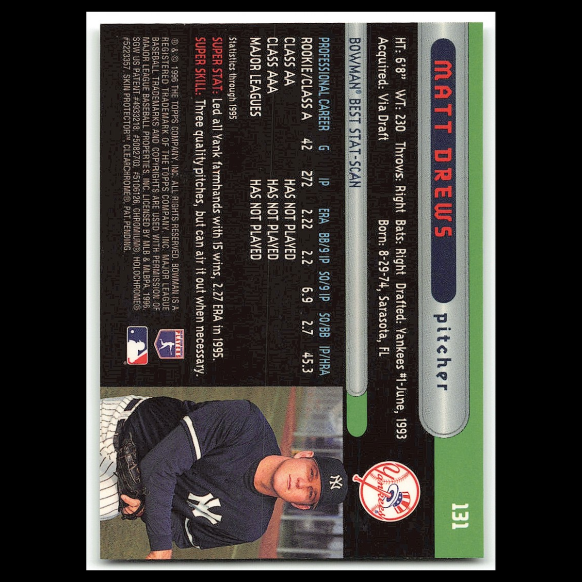 Matt Drews Rookie #131 1996 Bowmans Best New York Yankees Baseball Card MLB NM