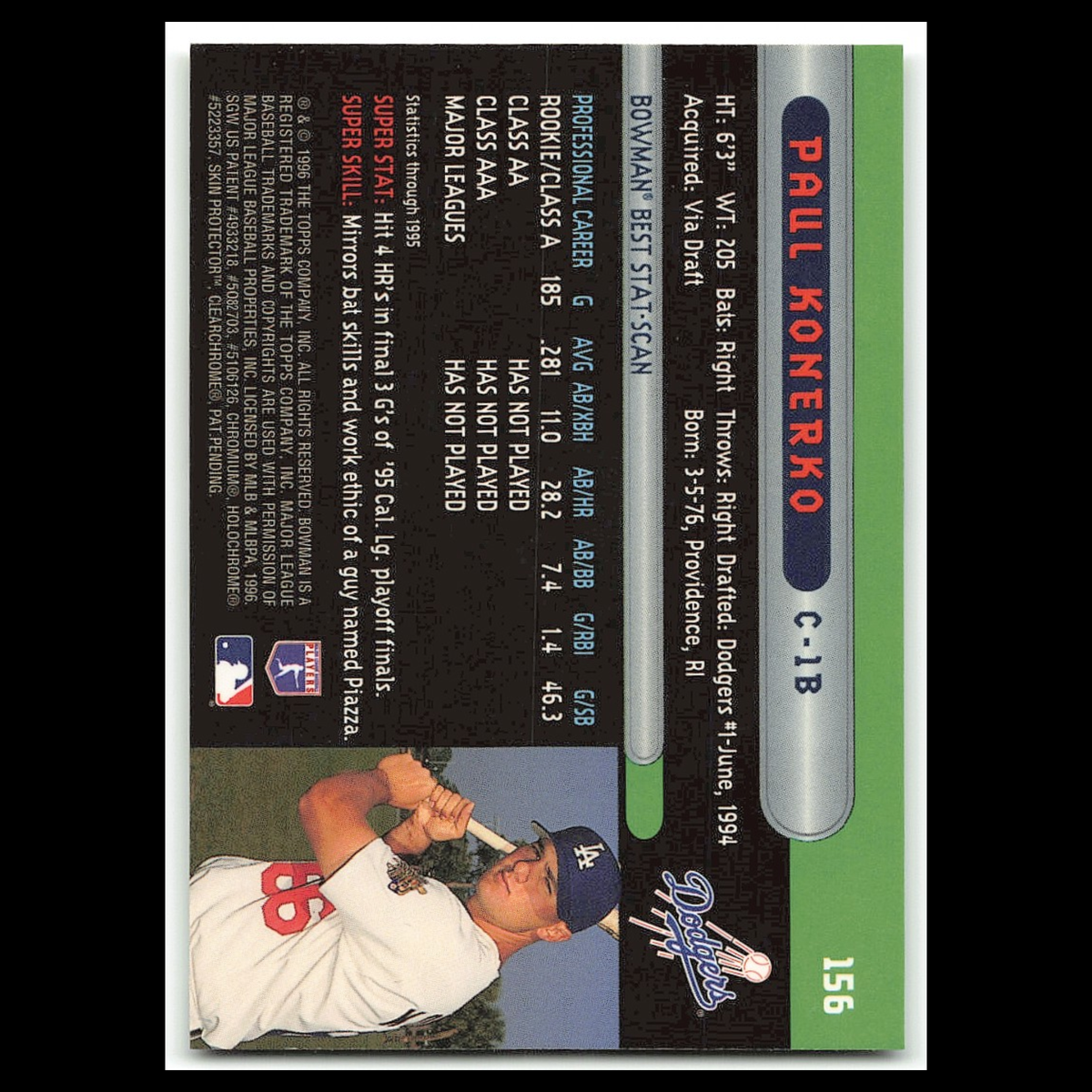 Paul Konerko Rookie #156 1996 Bowmans Best Los Angeles Dodgers Baseball Card MLB