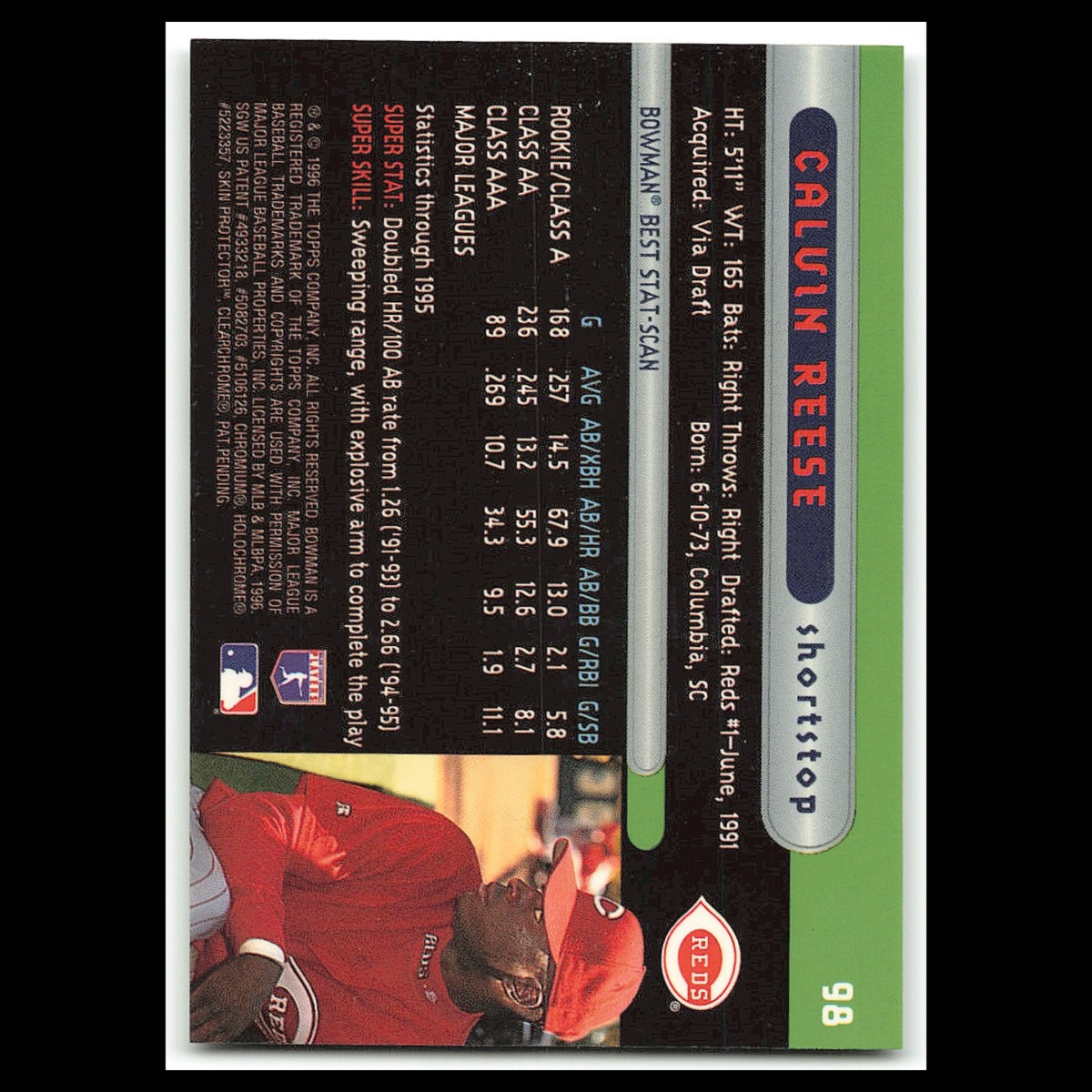 Calvin Reese Rookie #98 1996 Bowmans Best Cincinnati Reds Baseball Card MLB NM