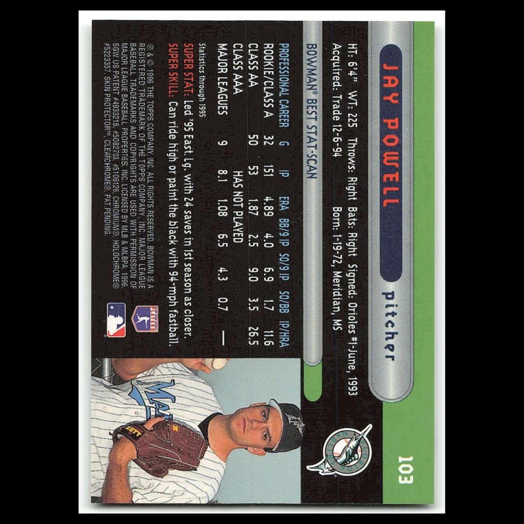 Jay Powell Rookie #103 1996 Bowmans Best Florida Marlins Baseball Card MLB NM