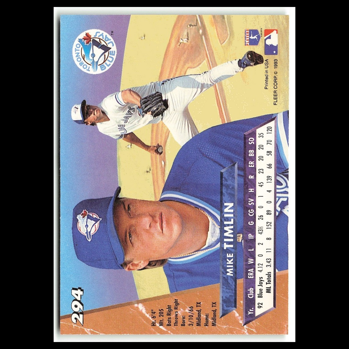 Mike Timlin #294 1993 Fleer Ultra Toronto Blue Jays Baseball Card MLB NM