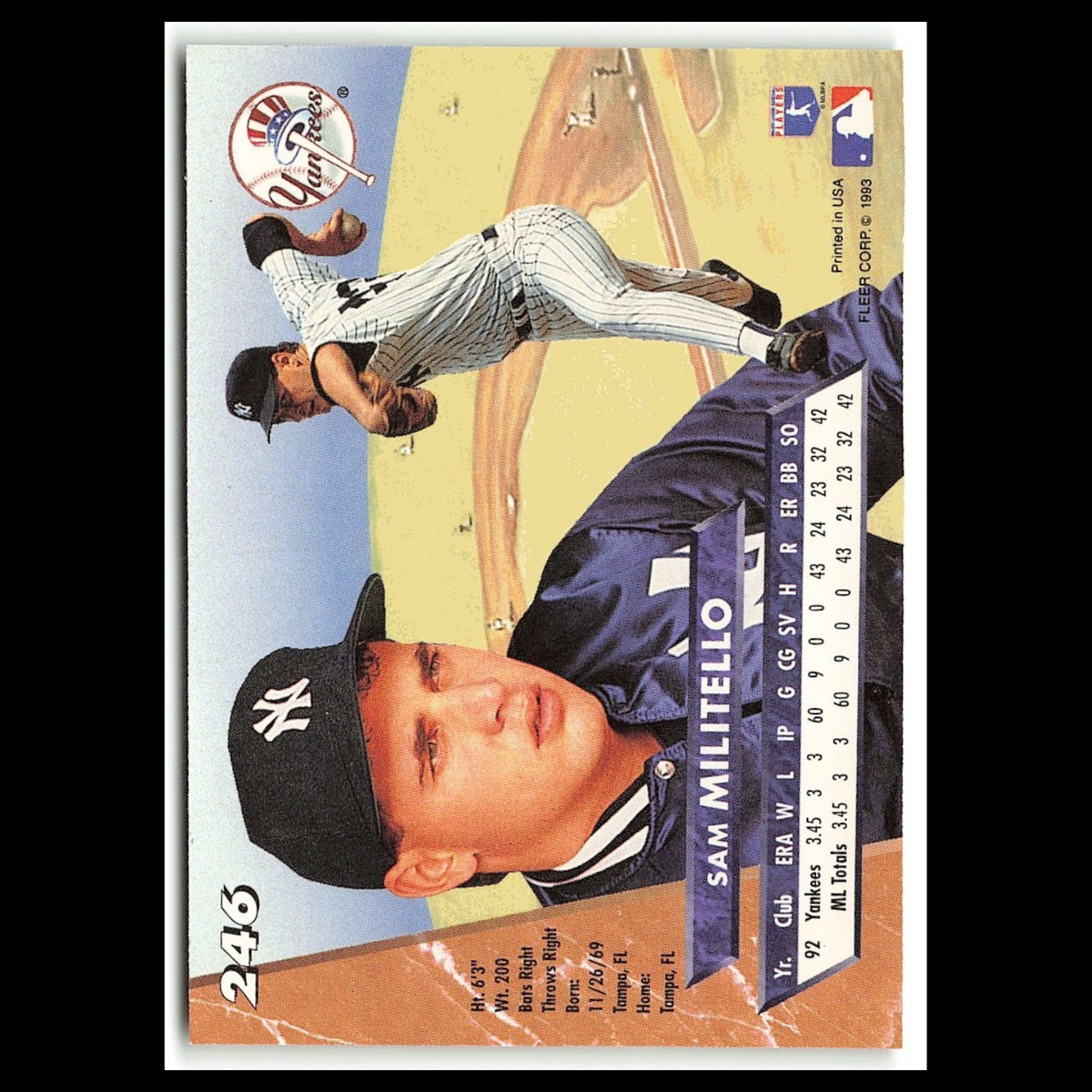 Sam Militello Rookie #246 1993 Fleer Ultra New York Yankees Baseball Card MLB NM