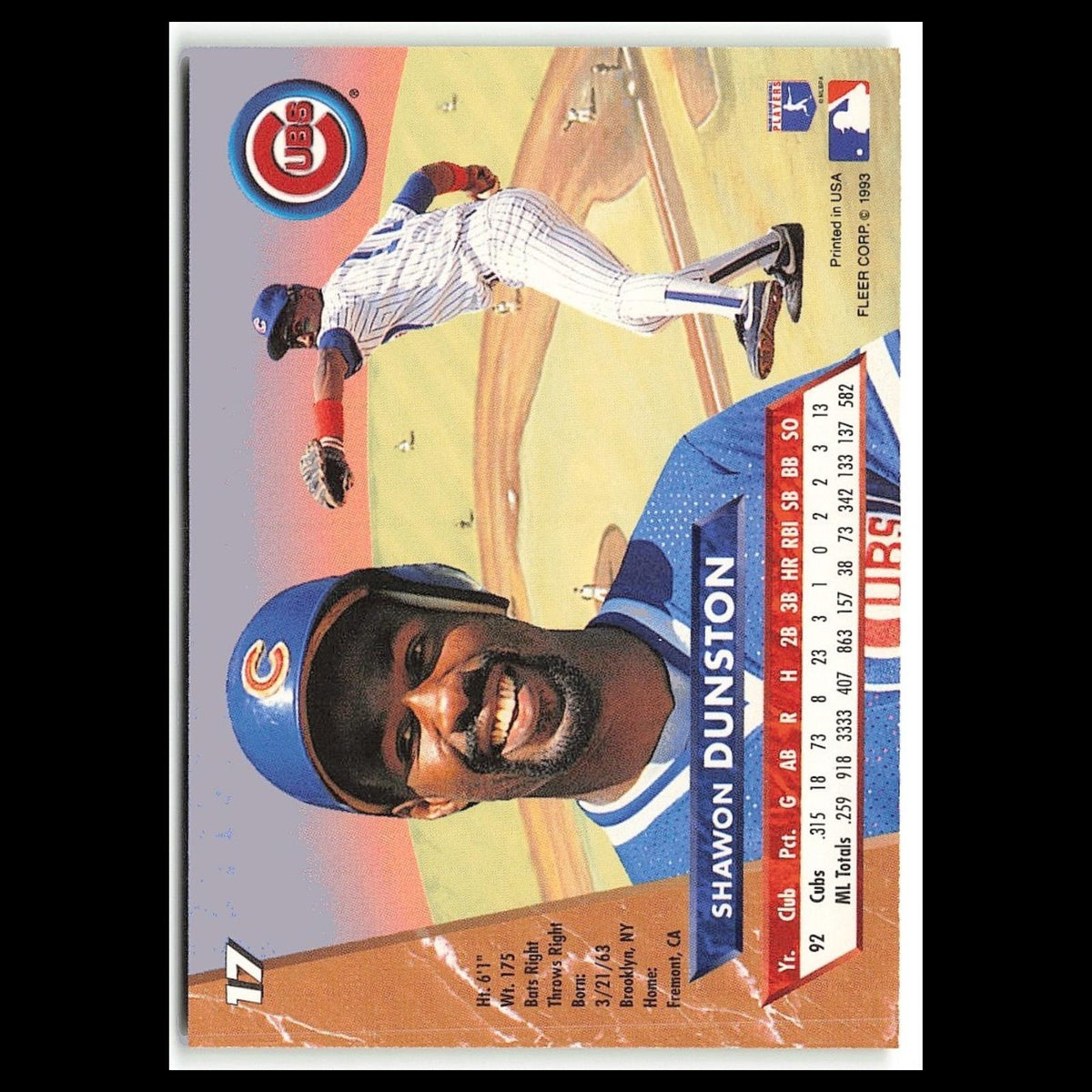 Shawon Dunston #17 1993 Fleer Ultra Chicago Cubs Baseball Card MLB NM